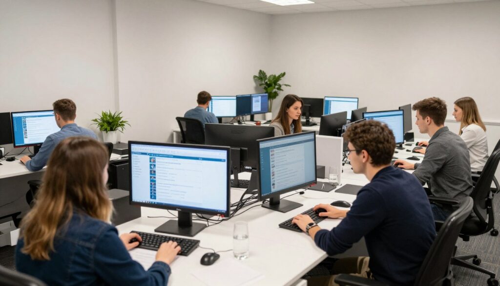 Biuro agencji pracy tymczasowej z pracownikami i klientami - ile zarabia agencja pracy tymczasowej na pracowniku