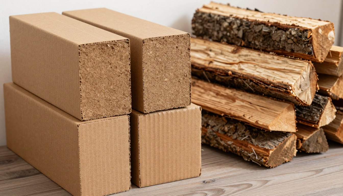 Brykiet z kartonu ułożony obok tradycyjnego drewna opałowego
