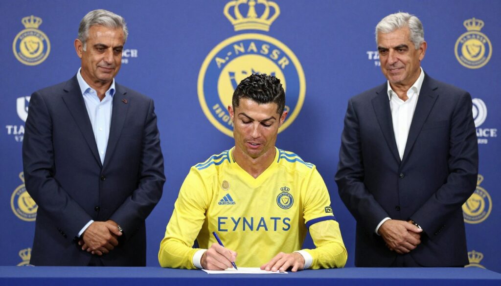 Cristiano Ronaldo podczas podpisywania kontraktu z Al-Nassr, z widocznymi przedstawicielami klubu