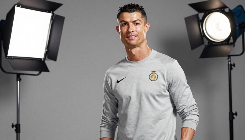 Cristiano Ronaldo podczas sesji zdjęciowej dla jednego ze swoich sponsorów, z widocznymi logotypami marek