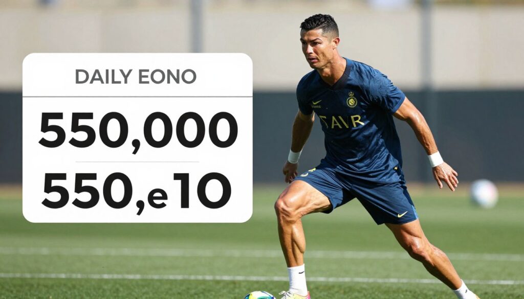 Cristiano Ronaldo podczas treningu w Al-Nassr, z grafiką pokazującą jego dzienne zarobki wynoszące 550 tysięcy euro