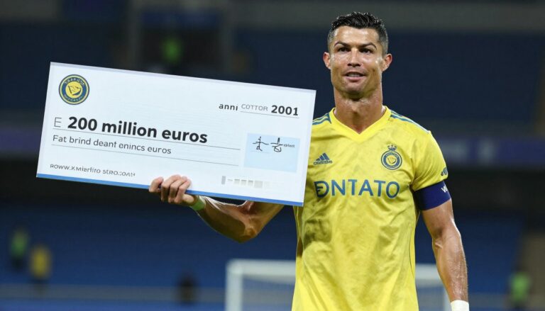 Cristiano Ronaldo w koszulce Al-Nassr trzymający czek symbolizujący jego roczne zarobki wynoszące 200 milionów euro
