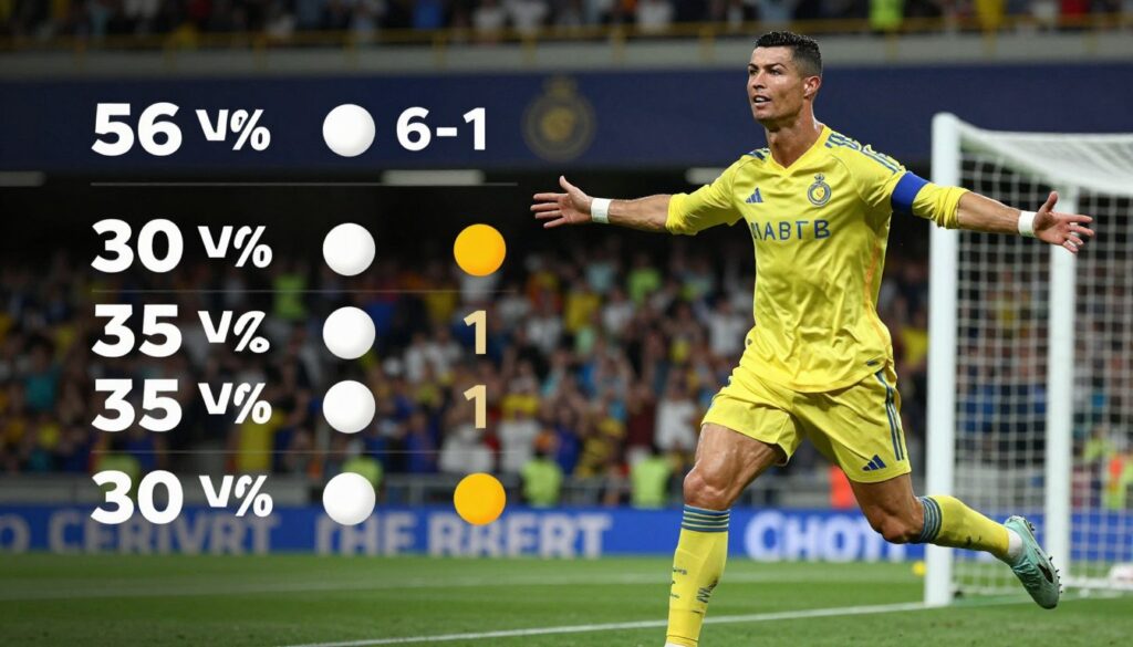 Cristiano Ronaldo w stroju Al-Nassr świętujący gola, z grafiką podsumowującą jego zarobki