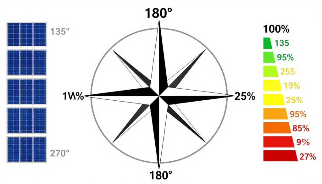Diagram pokazujący wpływ orientacji paneli fotowoltaicznych na ich wydajność