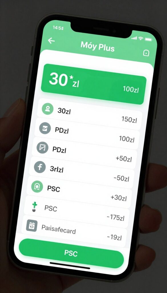 Ekran aplikacji Mój Plus pokazujący opcje doładowania konta