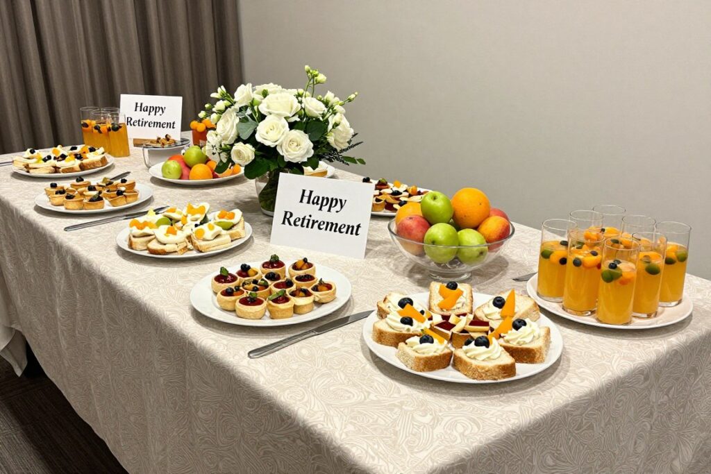 Elegancko przygotowany stół z poczęstunkiem na pożegnanie emeryta, przykład menu na pożegnanie emeryta