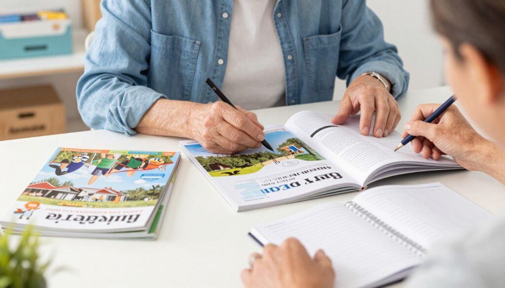 Emeryt planujący swoje aktywności na nowym etapie życia, przeglądający katalogi podróży i hobby