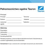 Formularz pełnomocnictwa ogólnego Tauron z zaznaczonymi polami do wypełnienia