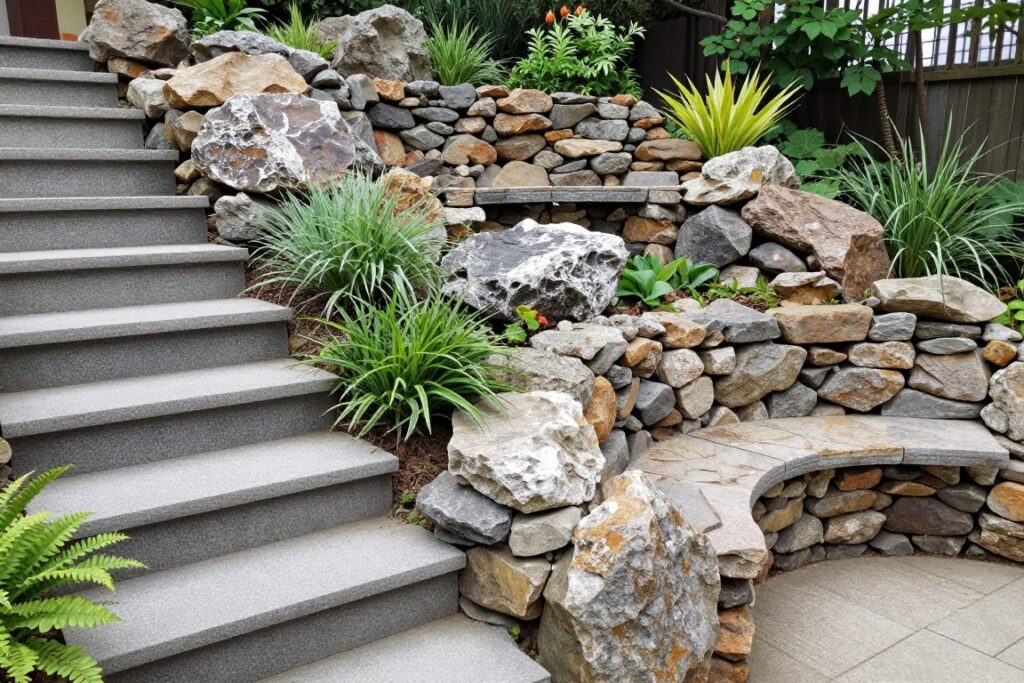 Funkcjonalny skalniak z kamienia polnego z elementami użytkowymi