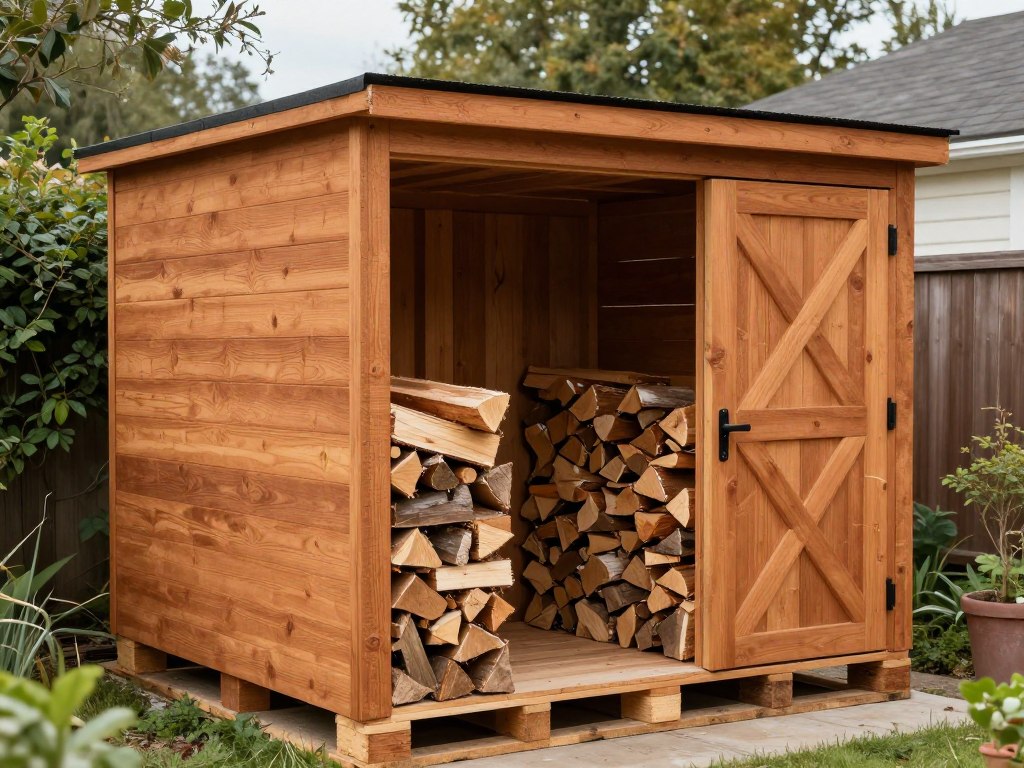 Gotowa drewutnia z palet po impregnacji i wykończeniu