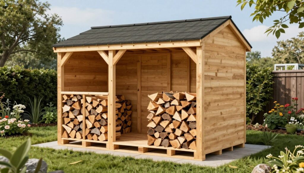 Gotowa drewutnia z palet w ogrodzie z ułożonym drewnem