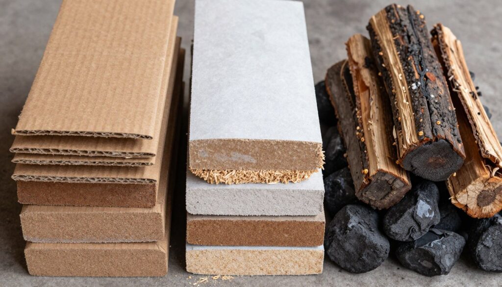 Gotowe brykiety z kartonu ułożone obok tradycyjnego opału