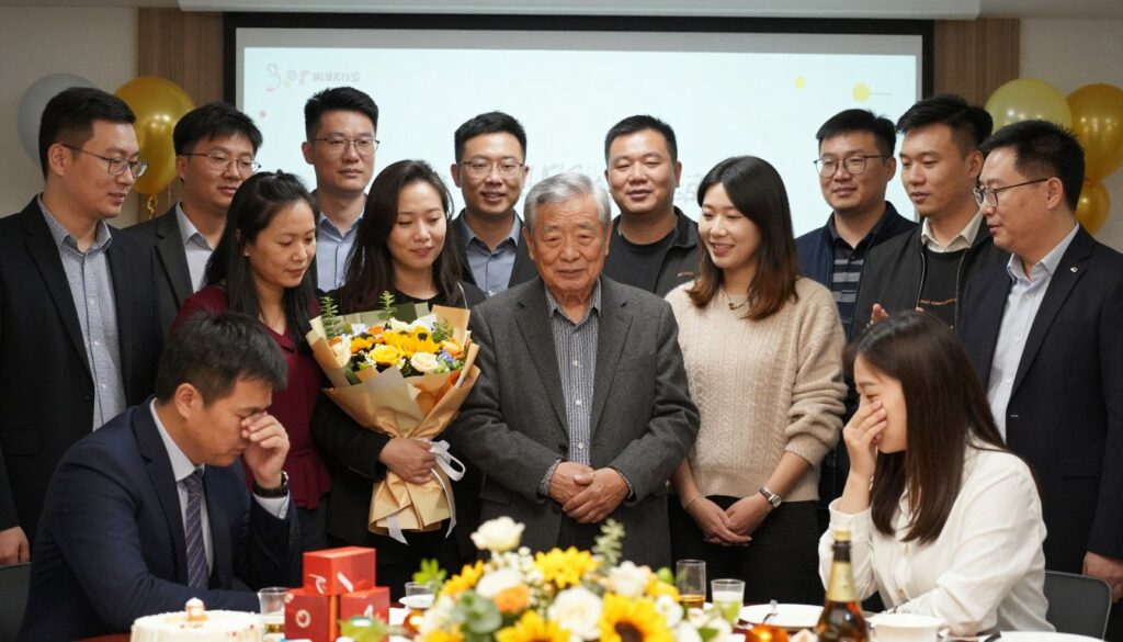 Grupowe zdjęcie zespołu z osobą odchodzącą na emeryturę podczas uroczystego pożegnania