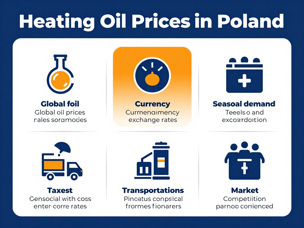 Infografika przedstawiająca główne czynniki wpływające na cenę oleju opałowego w Polsce - sprzedam olej opałowy cena
