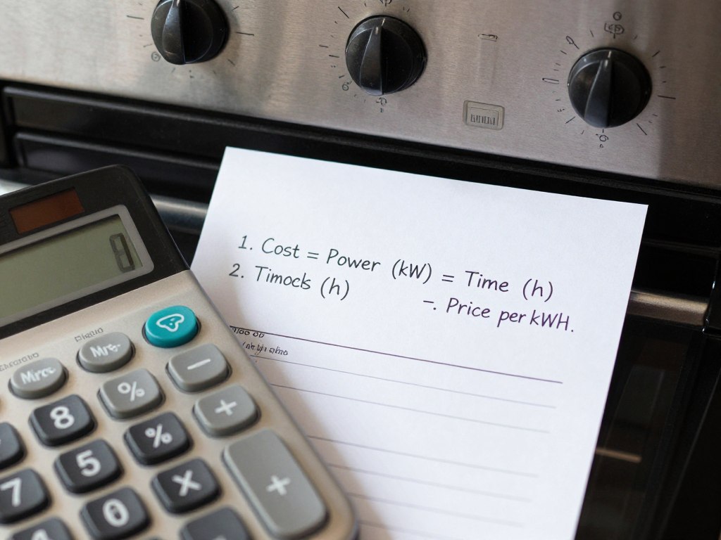 Kalkulator i rachunek za prąd obok piekarnika, ilustrujący jak obliczyć koszt godziny pieczenia w piekarniku