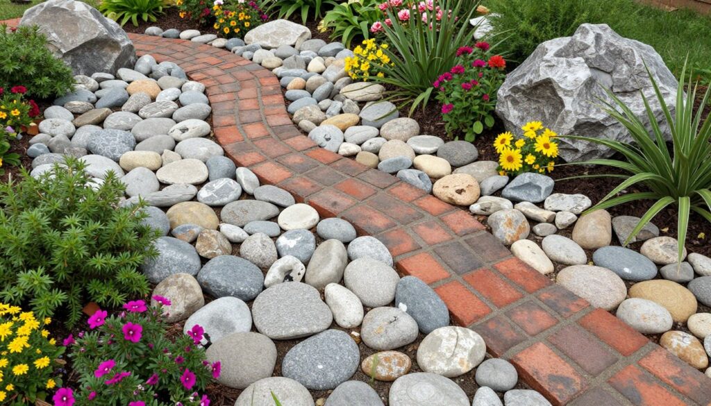 Kreatywne połączenie kamienia polnego i cegły w skalniaku