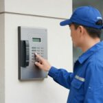 Listonosz stojący przed domofonem próbujący uzyskać dostęp do budynku