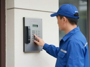 Listonosz stojący przed domofonem próbujący uzyskać dostęp do budynku