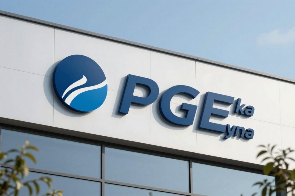 Logo PGE na budynku biurowym
