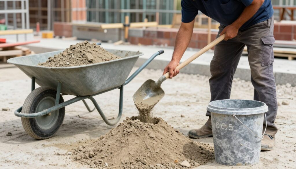 Metody odmierzania piasku na worek cementu 25 kg - łopata, wiadro i taczka