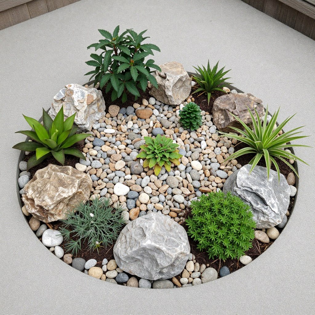 Miniaturowy skalniak z kamienia polnego w małym ogrodzie