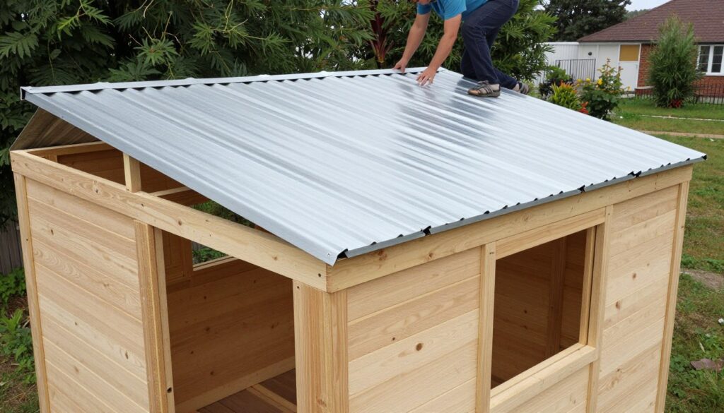 Montaż dachu drewutni z palet z pokryciem z blachy falistej