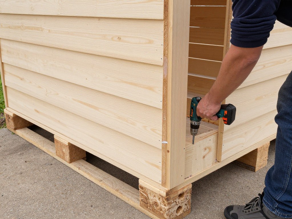 Montaż ścian bocznych drewutni z palet