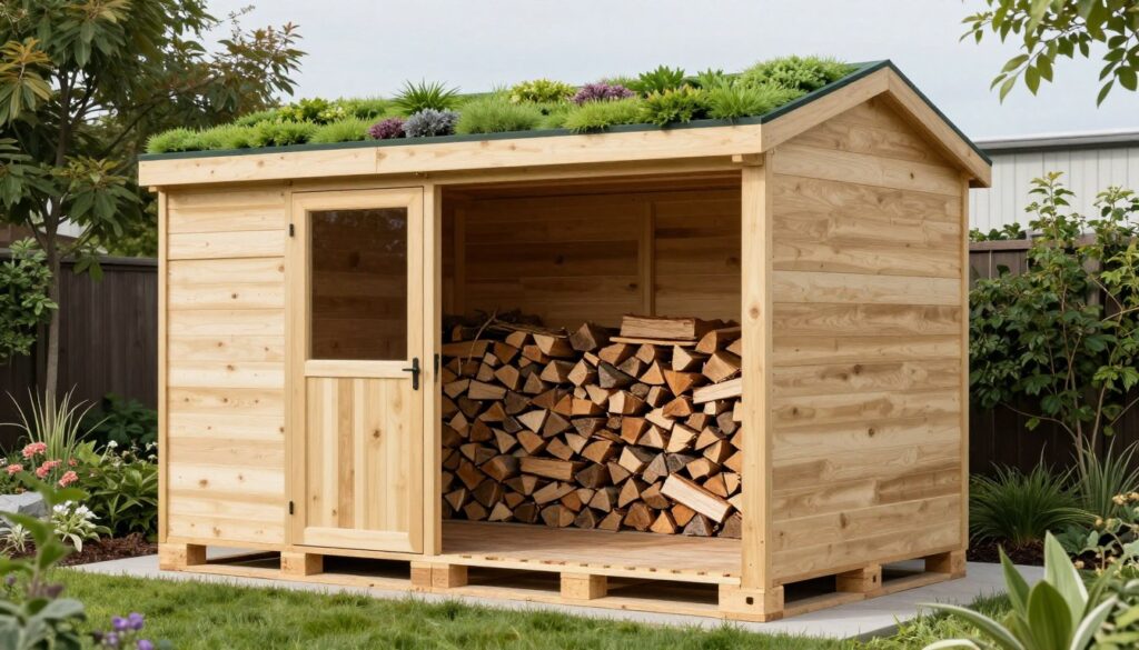 Nowoczesna drewutnia z palet z zielonym dachem