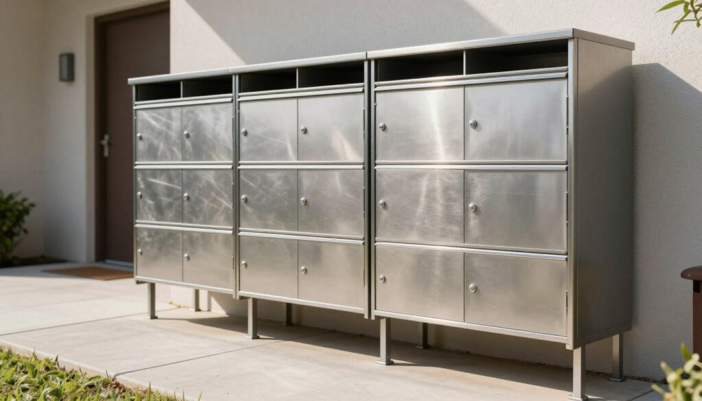 Nowoczesne skrzynki pocztowe umieszczone na zewnątrz budynku, dostępne dla listonosza bez konieczności wchodzenia do środka