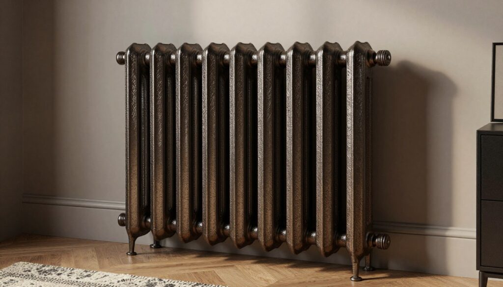 Nowoczesny grzejnik żeliwny w stylowym wnętrzu jako element dekoracyjny