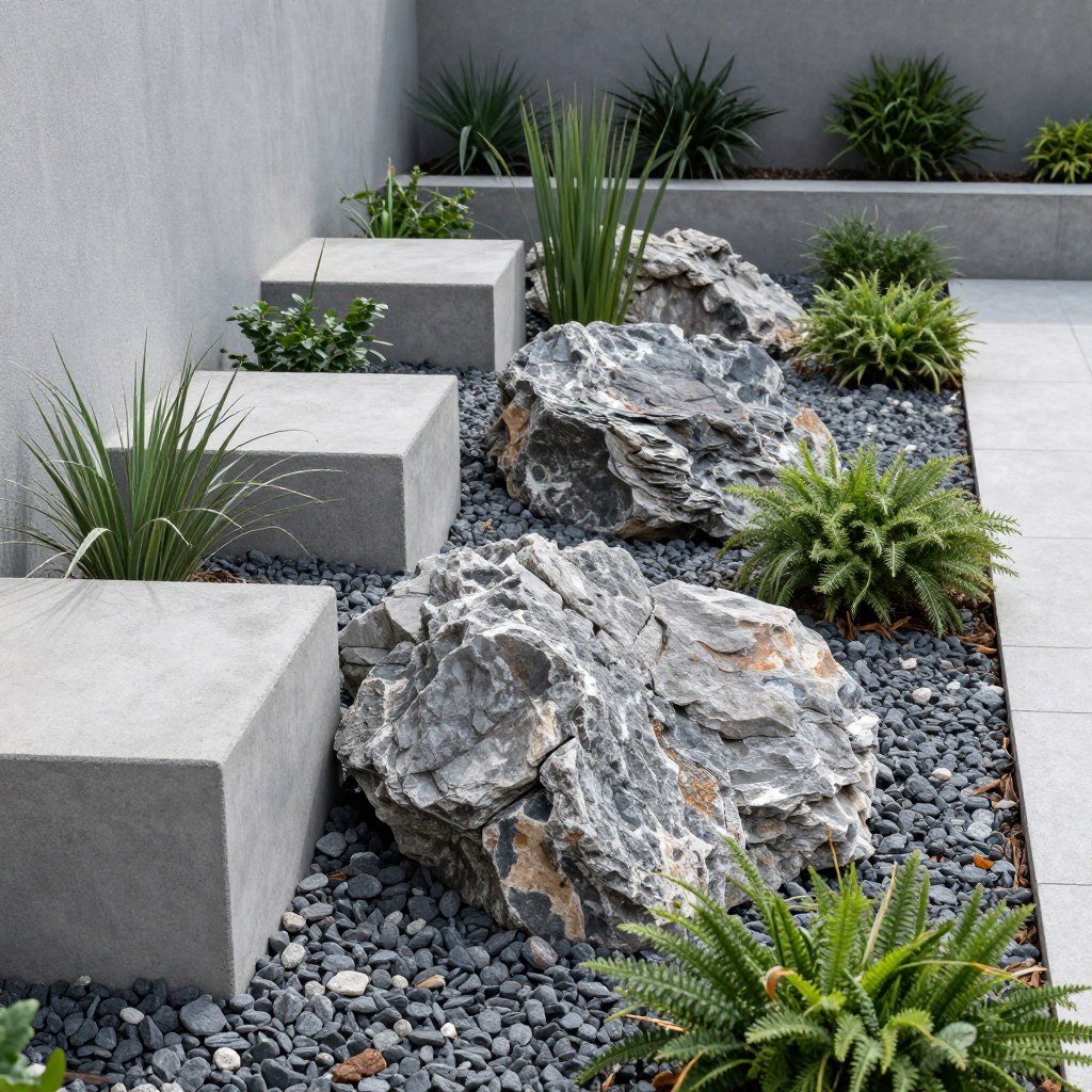 Nowoczesny skalniak z kamienia polnego i betonu