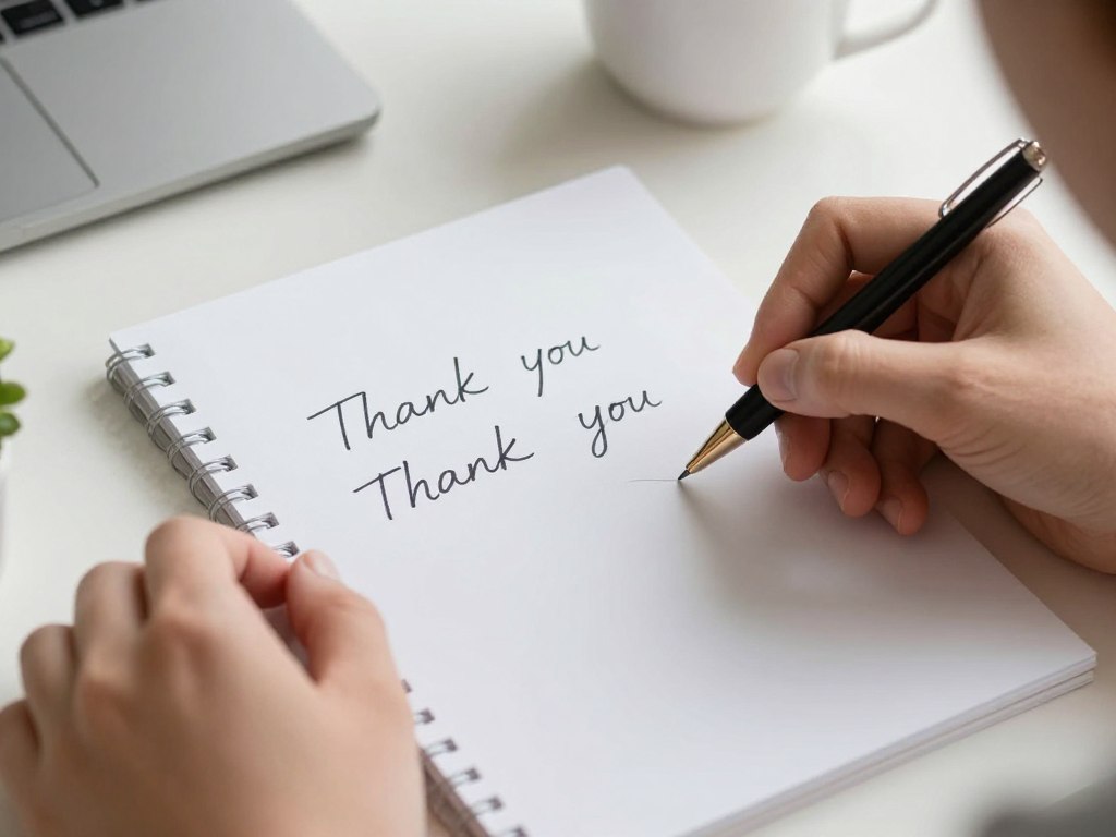 Osoba pisząca odręczne podziękowania na eleganckim papierze listowym, przykład wzoru podziękowania za współpracę odejście z pracy na emeryturę