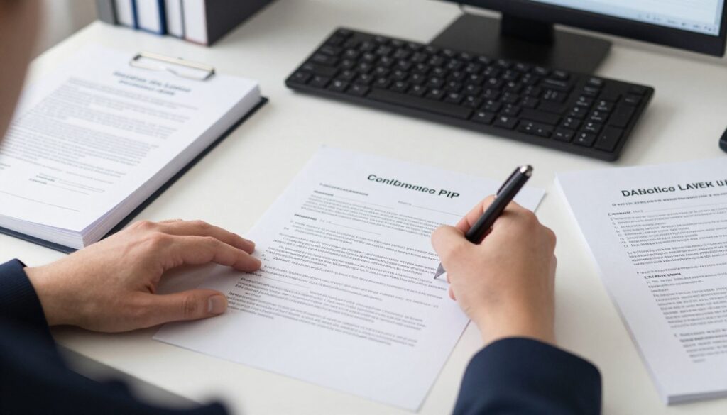 Osoba podpisująca skargę do PIP przy biurku z dokumentami prawnymi