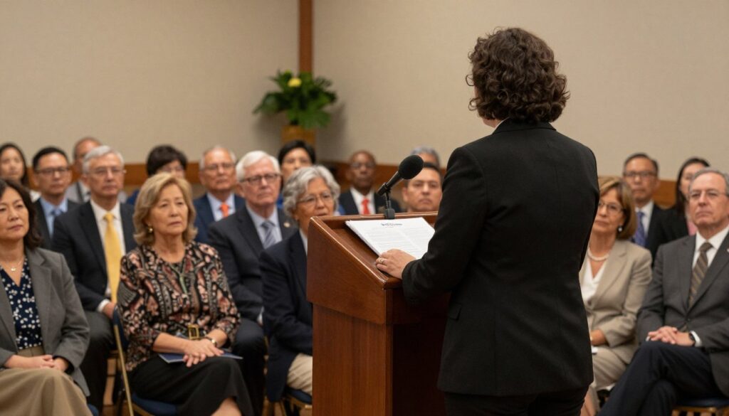 Osoba wygłaszająca przemówienie podczas uroczystości pożegnania pracownika odchodzącego na emeryturę