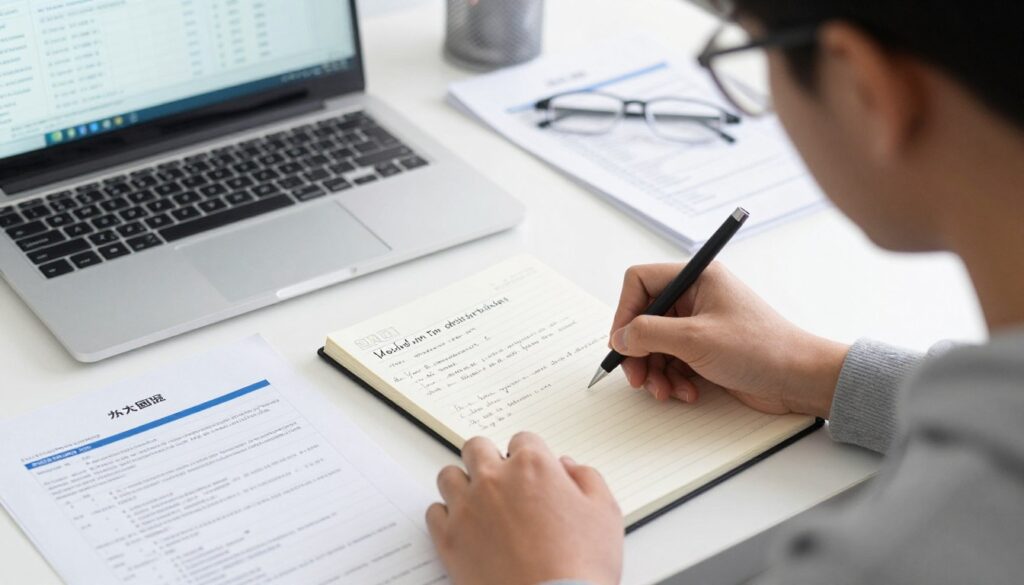 Osoba wypełniająca dziennik praktyk technik administracji przy biurku