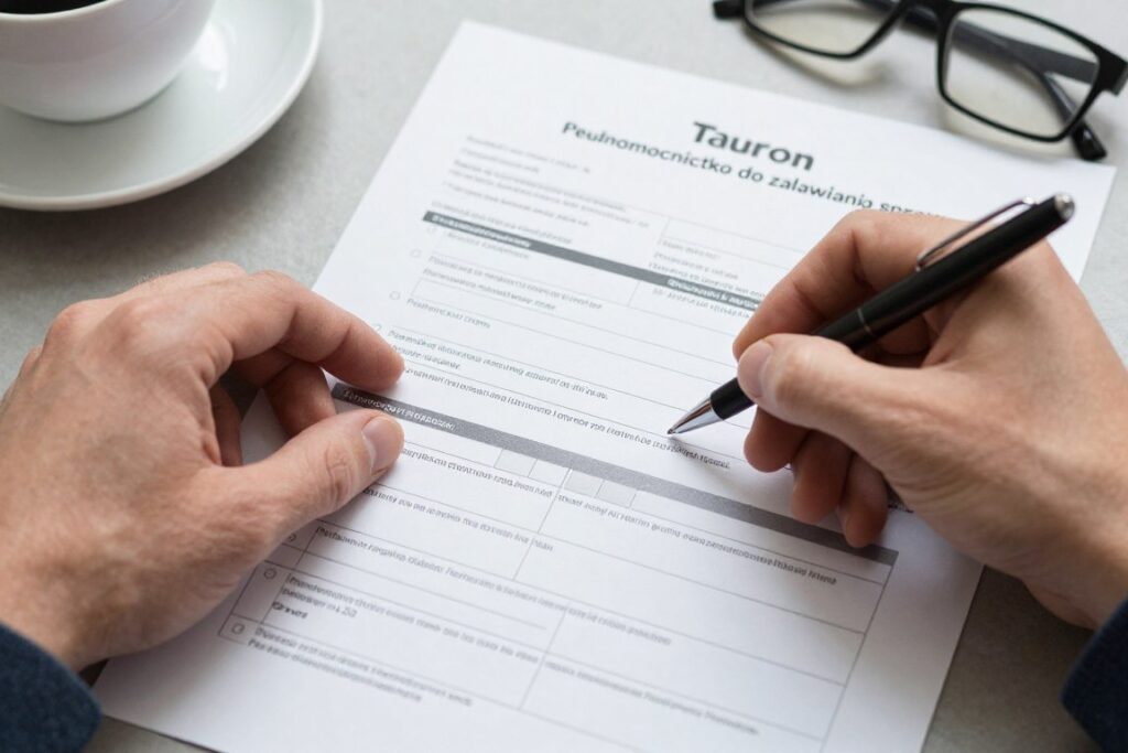 Osoba wypełniająca formularz pełnomocnictwa Tauron do załatwiania spraw