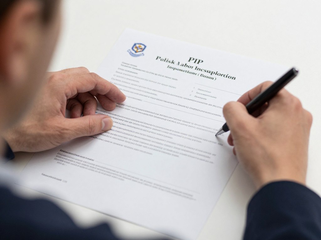 Osoba wypełniająca formularz skargi do PIP przy biurku