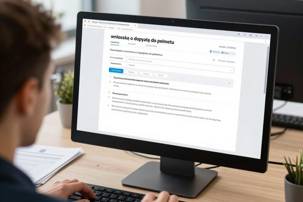 Osoba wypełniająca wniosek o dopłatę do pelletu PDF na komputerze