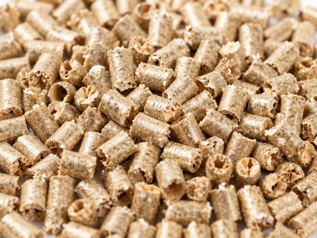 Pellet drzewny używany do ogrzewania domów - zbliżenie na granulki pelletu