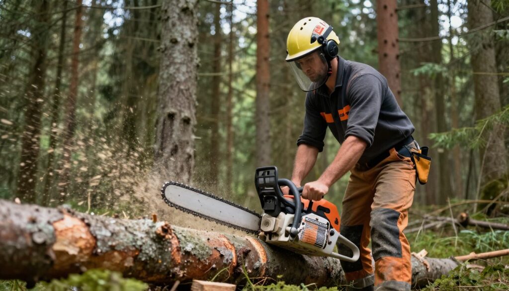 Pilarz pracujący w lesie przy wycince drzew - ile zarabia pilarz w lesie