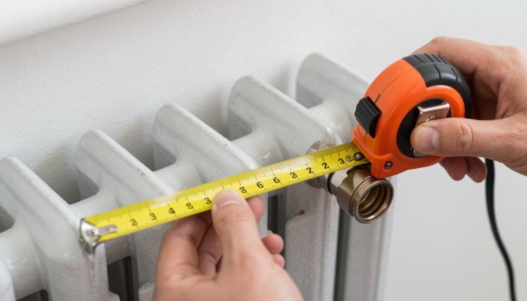 Pomiar rozstawu przyłączy grzejnika żeliwnego za pomocą miarki
