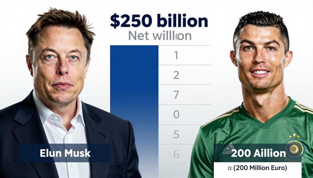 Porównanie majątku Elona Muska (250 miliardów dolarów) z rocznymi zarobkami Cristiano Ronaldo (200 milionów euro)