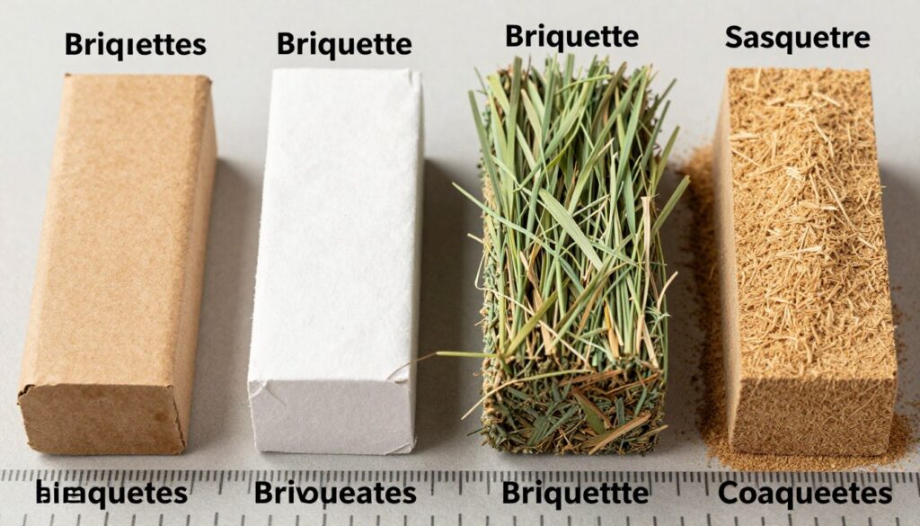 Porównanie różnych rodzajów brykietu - z kartonu, papieru, trawy i trocin