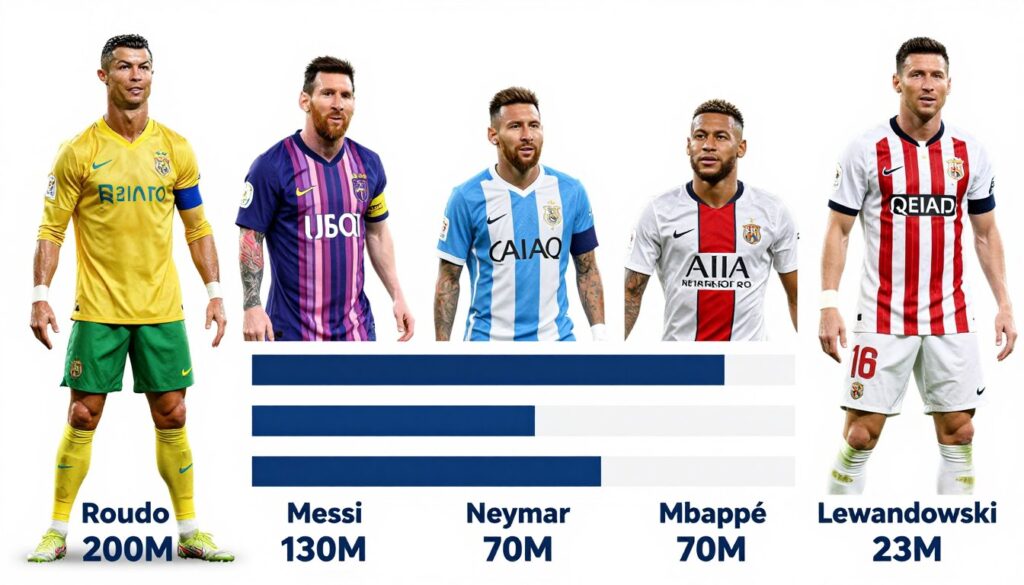 Porównanie zarobków największych gwiazd piłki nożnej: Ronaldo, Messi, Neymar, Mbappé i Lewandowski