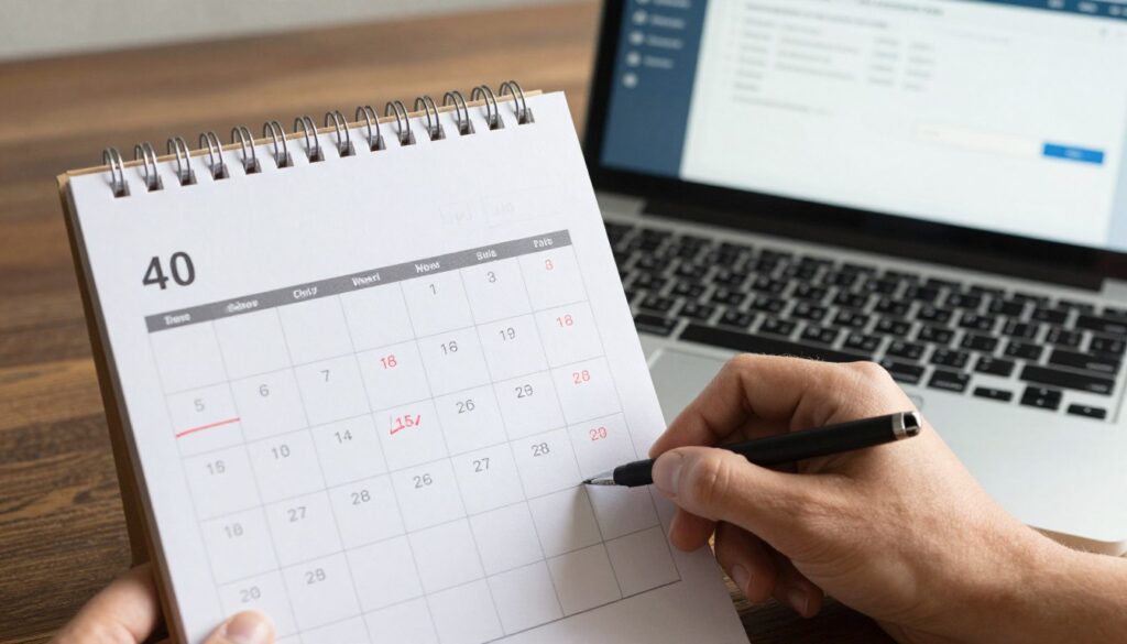 Pracownik planujący urlop w kalendarzu z zaznaczonymi dniami wolnymi
