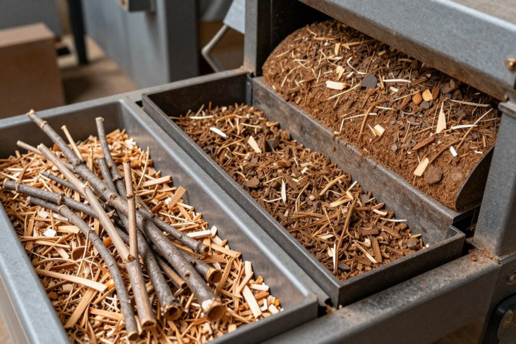 Proces rozdrabniania gałęzi i formowania z nich brykietu