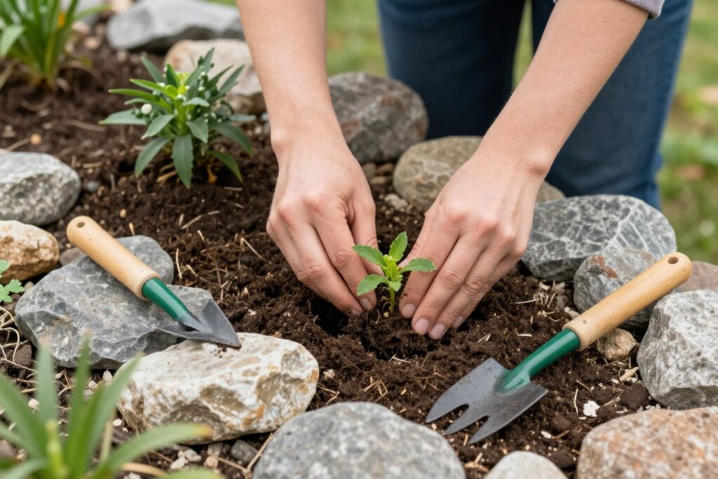 Proces sadzenia roślin w skalniaku z kamienia polnego