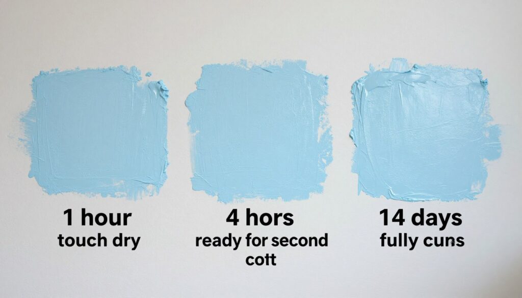 Proces schnięcia farby akrylowej na ścianie w różnych etapach czasowych