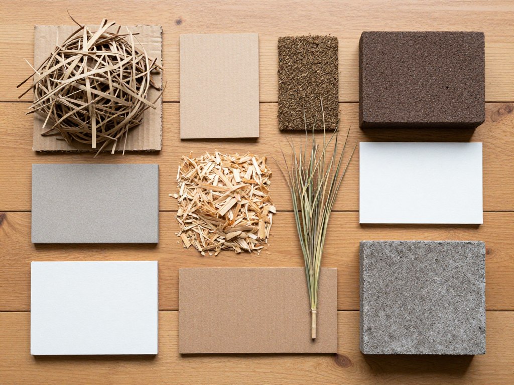 Różne materiały do produkcji brykietu z kartonu, w tym pocięty karton, trociny i papier