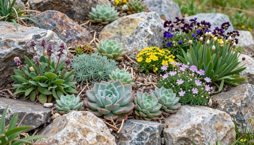 Różnorodne rośliny skalne w skalniaku z kamienia polnego